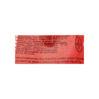 Saucisson sec Nord au Vieux Lille 150g | Vente Saucisson sec du Nord-Pas-de-Calais