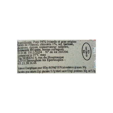 Saucisson sec Nord à la chicorée 150g | Vente Saucisson sec du Nord-Pas-de-Calais